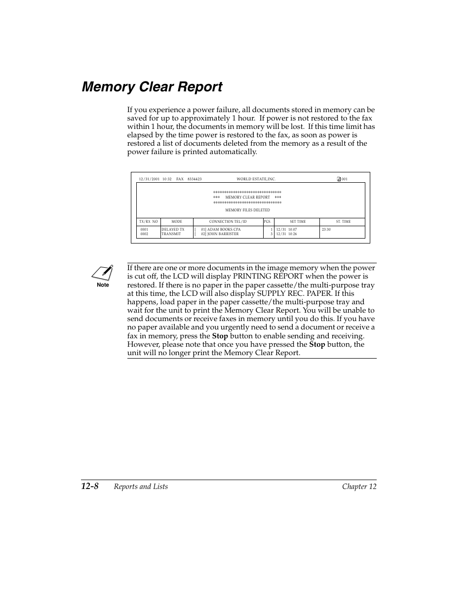 Memory clear report -8, Reports and lists chapter 12 | Canon H12157 User Manual | Page 240 / 359