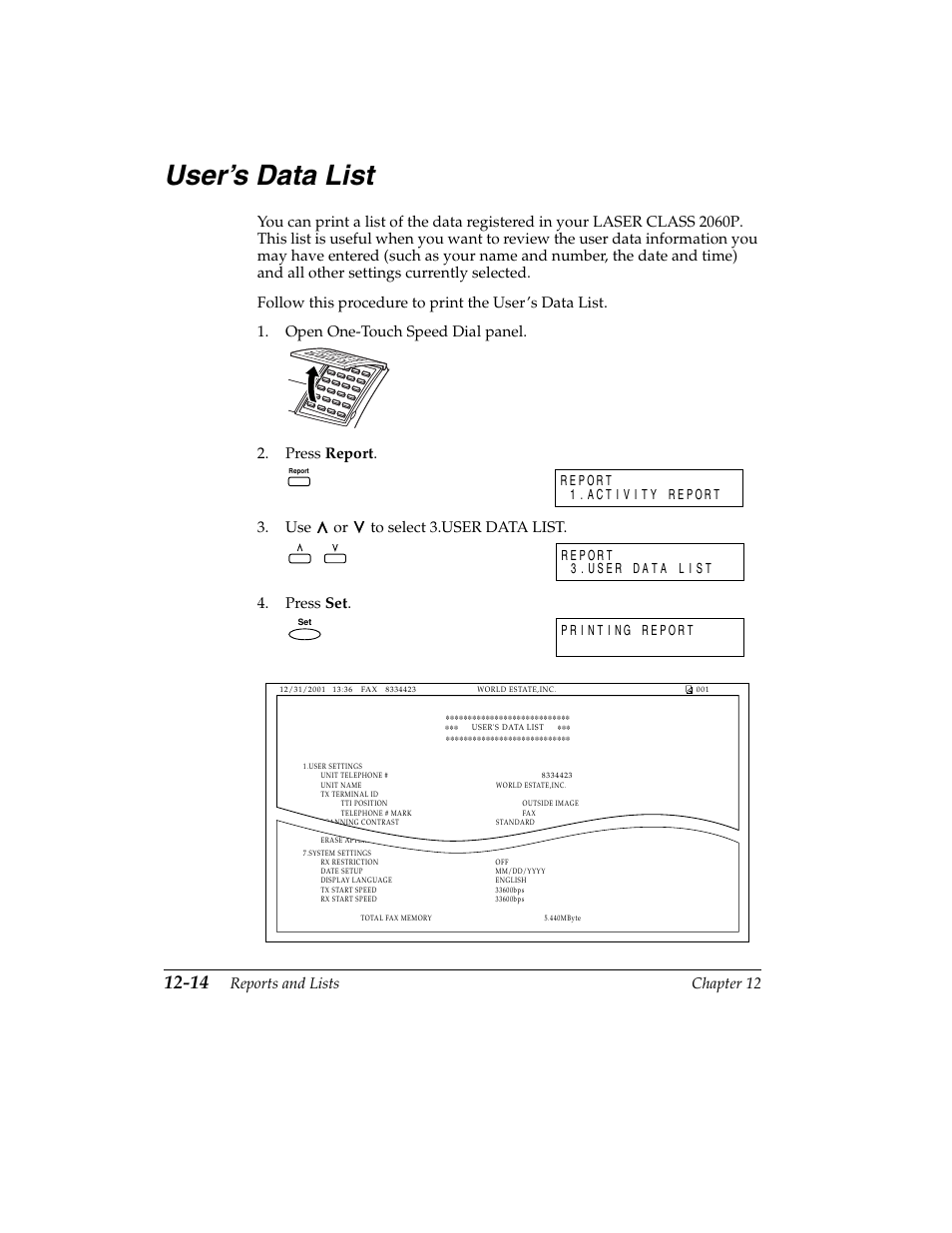 User’s data list -14, User’s data list, Reports and lists chapter 12 | Canon H12157 User Manual | Page 246 / 359