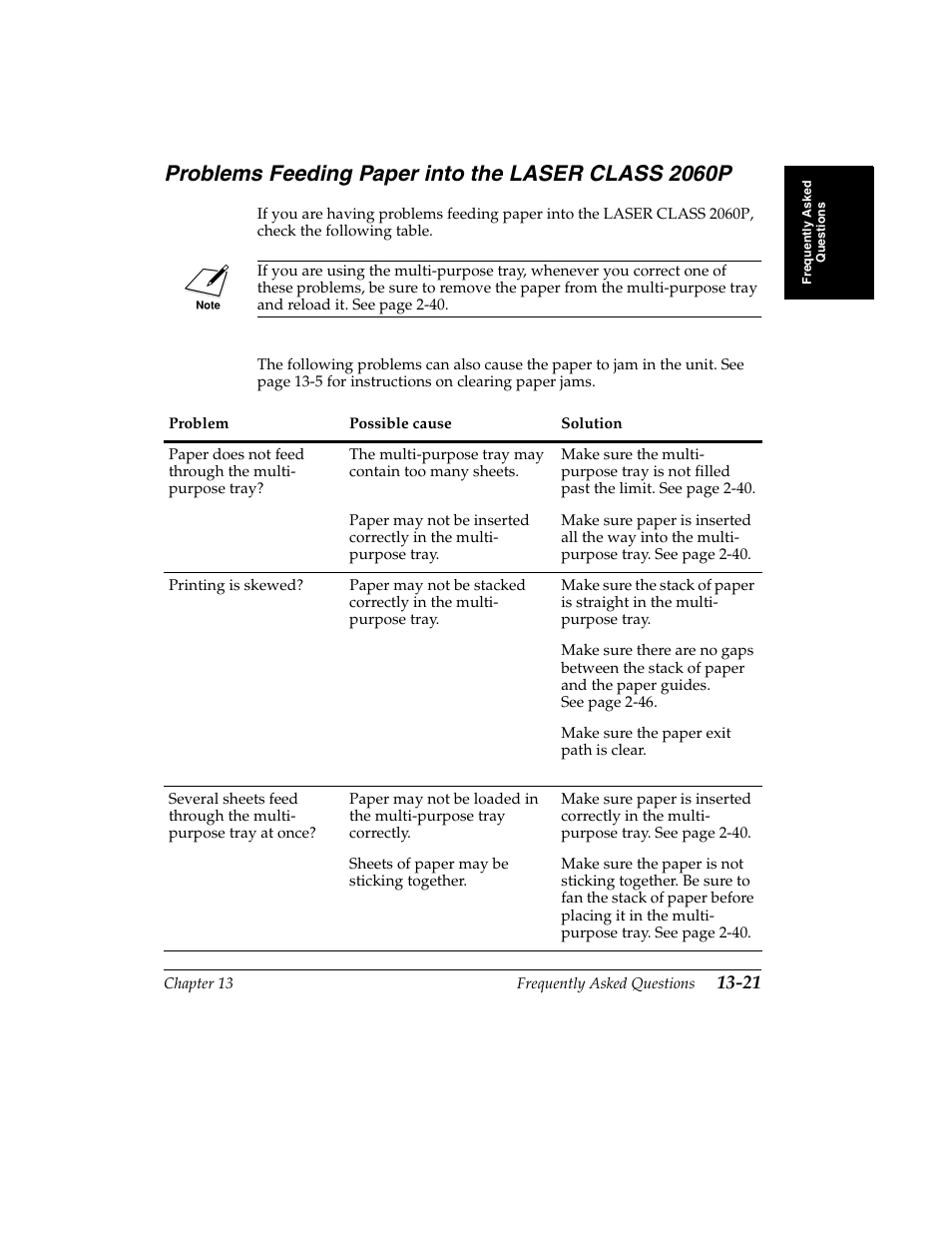 Problems feeding paper into the laser class 2060p | Canon H12157 User Manual | Page 269 / 359