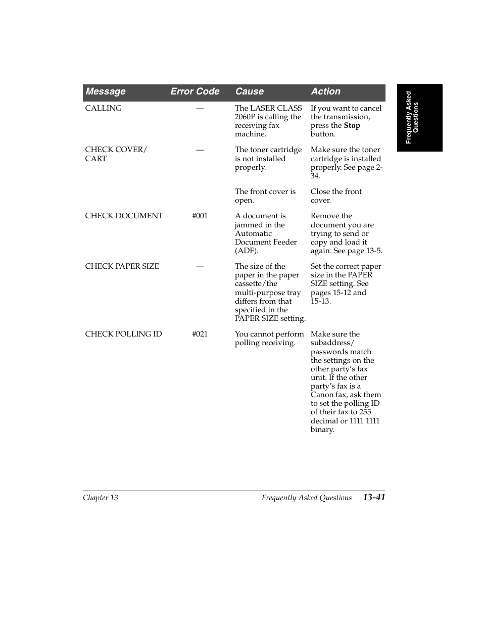 Message error code cause action | Canon H12157 User Manual | Page 289 / 359