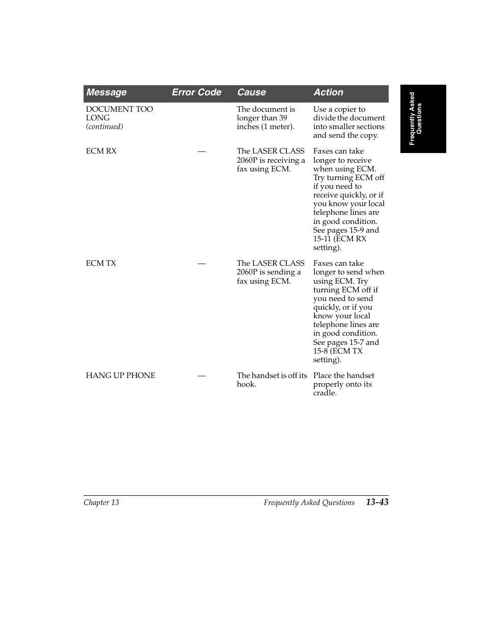 Message error code cause action | Canon H12157 User Manual | Page 291 / 359