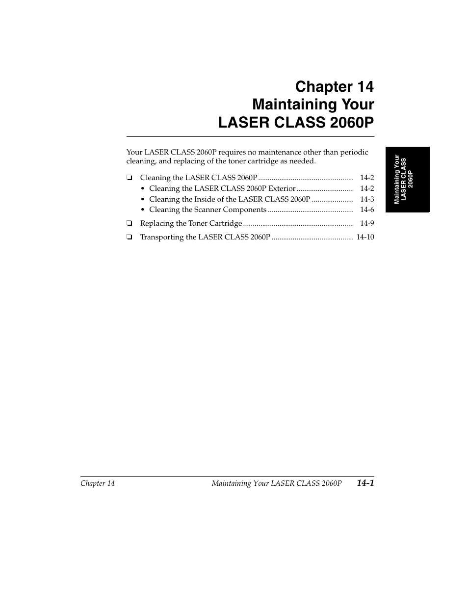 Chapter 14 maintaining your laser class 2060p | Canon H12157 User Manual | Page 295 / 359