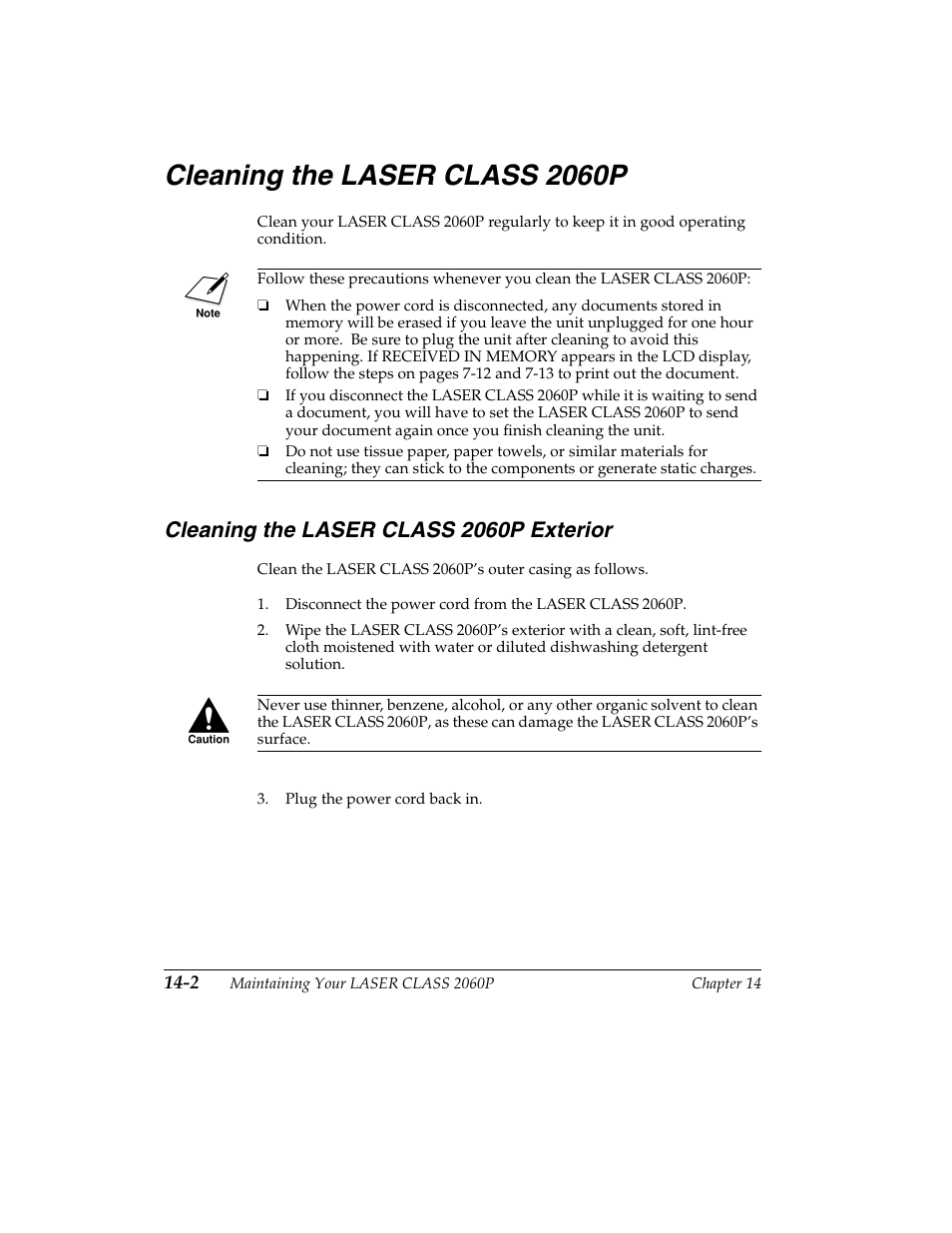 Cleaning the laser class 2060p -2, Cleaning the laser class 2060p exterior -2, Cleaning the laser class 2060p | Canon H12157 User Manual | Page 296 / 359