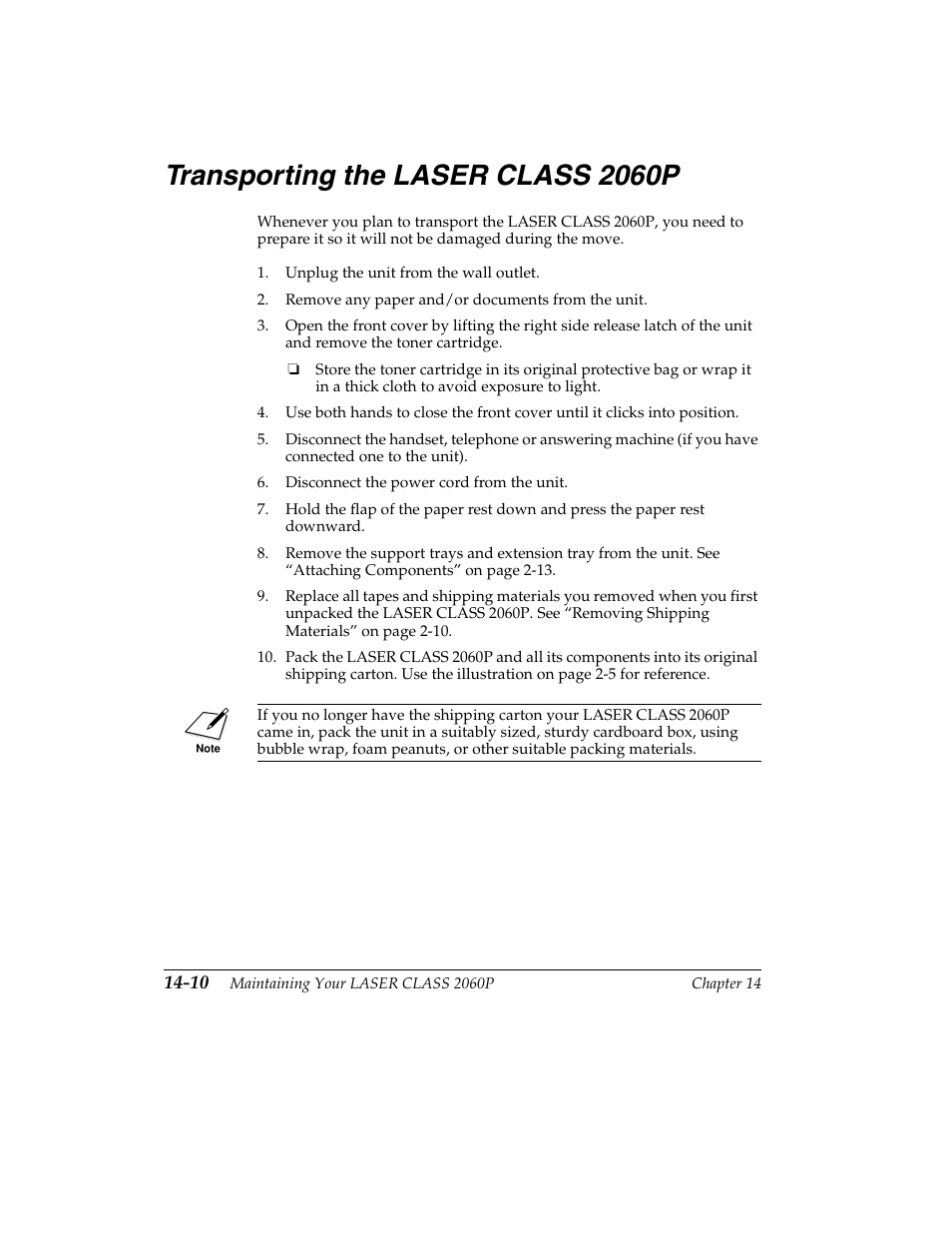 Transporting the laser class 2060p -10, Transporting the laser class 2060p | Canon H12157 User Manual | Page 304 / 359