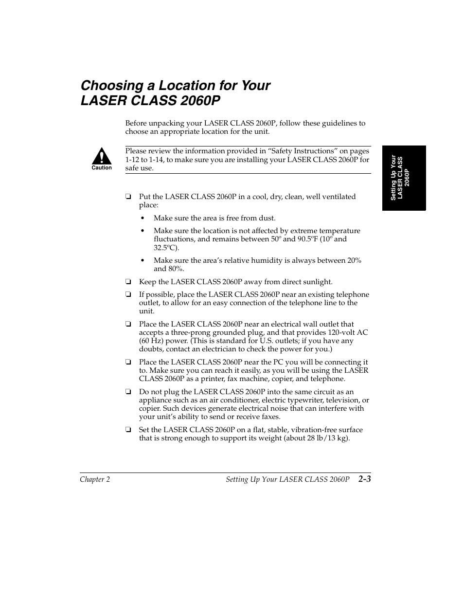 Choosing a location for your laser class 2060p -3, Choosing a location for your laser class 2060p | Canon H12157 User Manual | Page 37 / 359