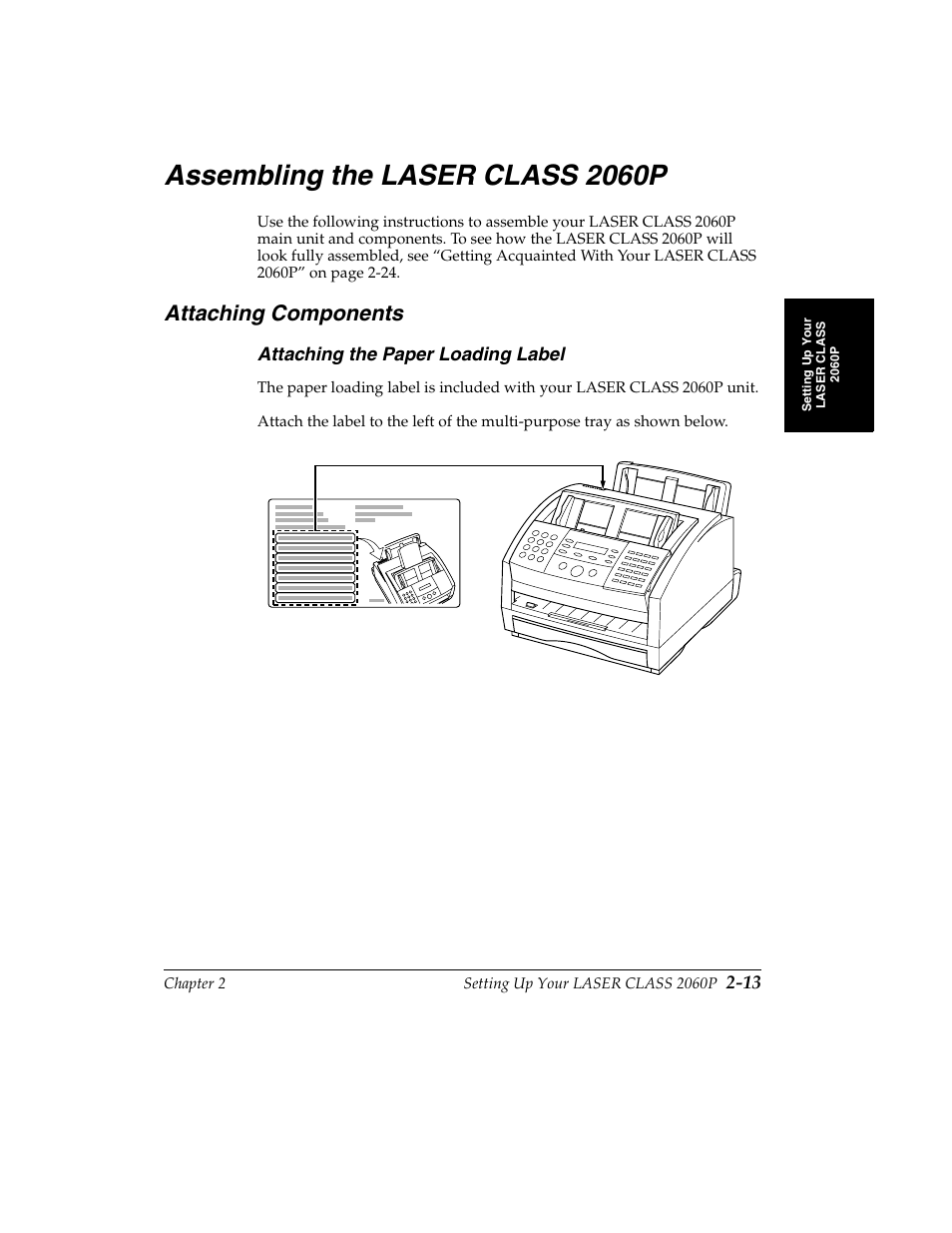 Assembling the laser class 2060p -13, Attaching components -13, Attaching the paper loading label -13 | Assembling the laser class 2060p, Attaching components, Attaching the paper loading label | Canon H12157 User Manual | Page 47 / 359