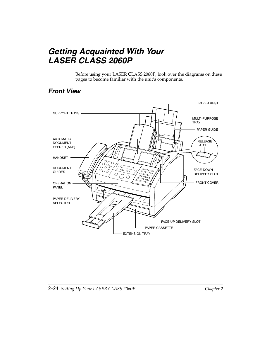 Getting acquainted with your laser class 2060p -24, Front view -24, Getting acquainted with your laser class 2060p | Front view | Canon H12157 User Manual | Page 58 / 359