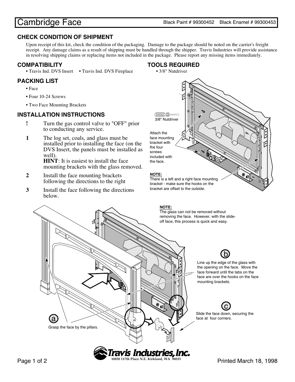 Avalon Firestyles Cambridge Face User Manual | 2 pages