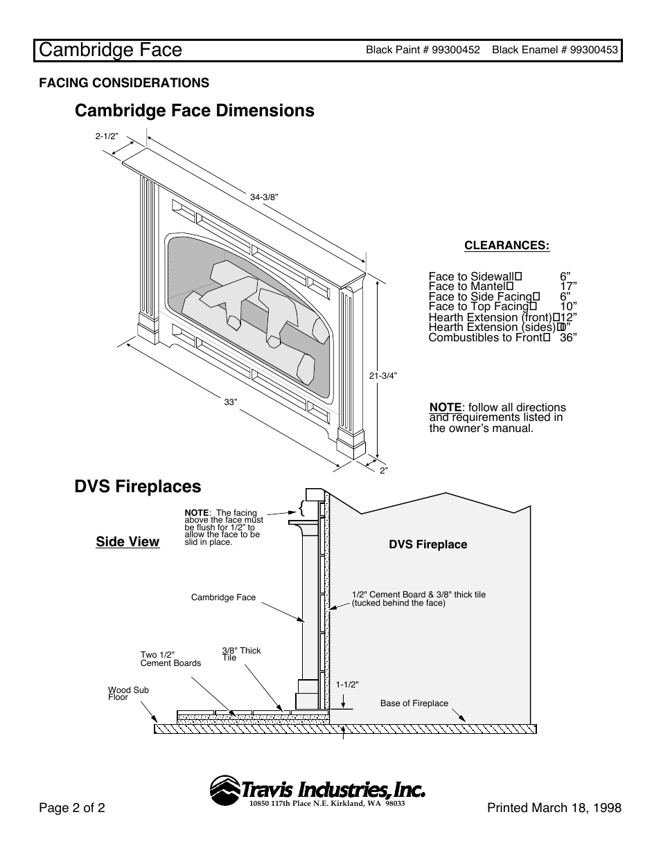 Cambridge face, Dvs fireplaces, Cambridge face dimensions | Side view | Avalon Firestyles Cambridge Face User Manual | Page 2 / 2