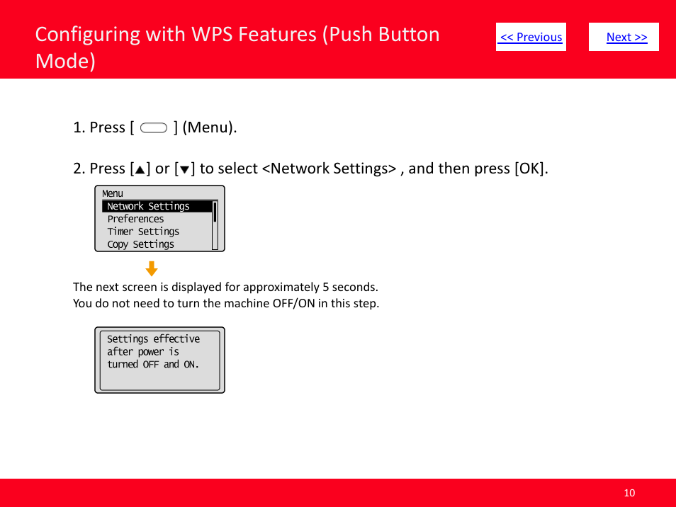 Slide number 10, Next, Click here | Configuring with wps features (push button mode) | Canon ImageCLASS MF4570dw User Manual | Page 10 / 61