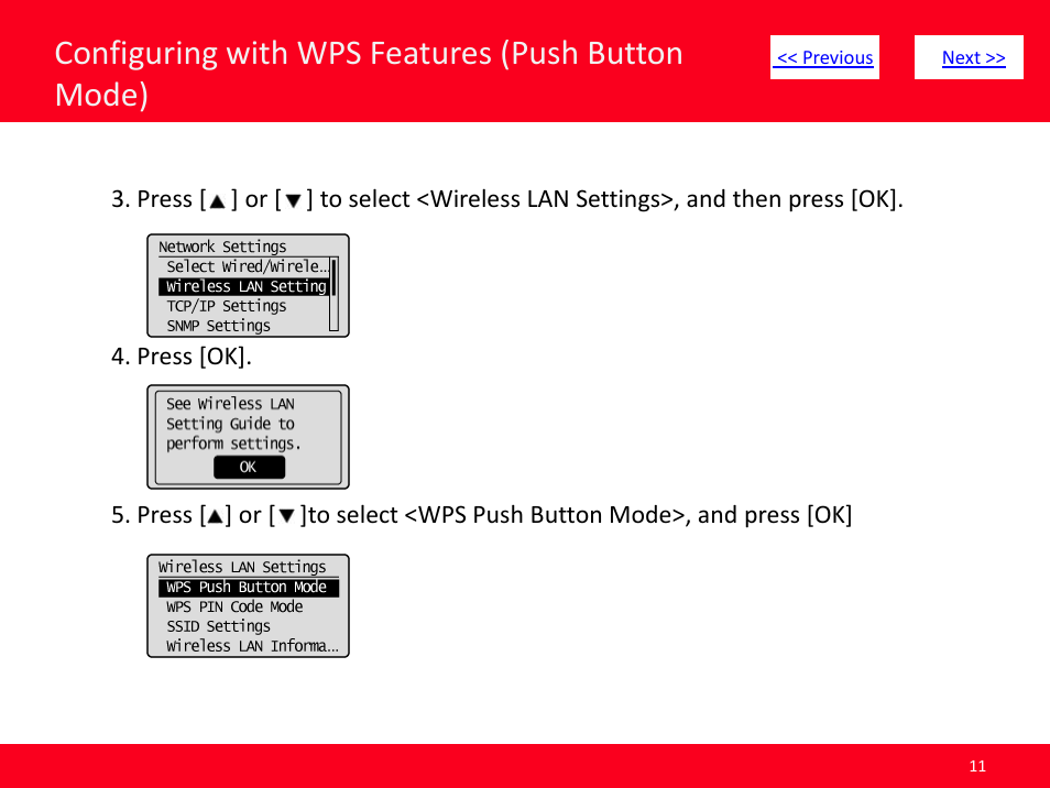 Slide number 11, Configuring with wps features (push button mode) | Canon ImageCLASS MF4570dw User Manual | Page 11 / 61