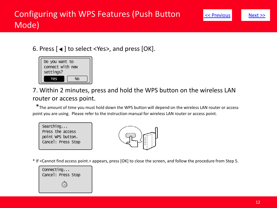 Slide number 12, Configuring with wps features (push button mode) | Canon ImageCLASS MF4570dw User Manual | Page 12 / 61