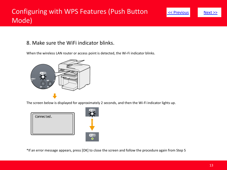 Slide number 13, Configuring with wps features (push button mode), Make sure the wifi indicator blinks | Canon ImageCLASS MF4570dw User Manual | Page 13 / 61