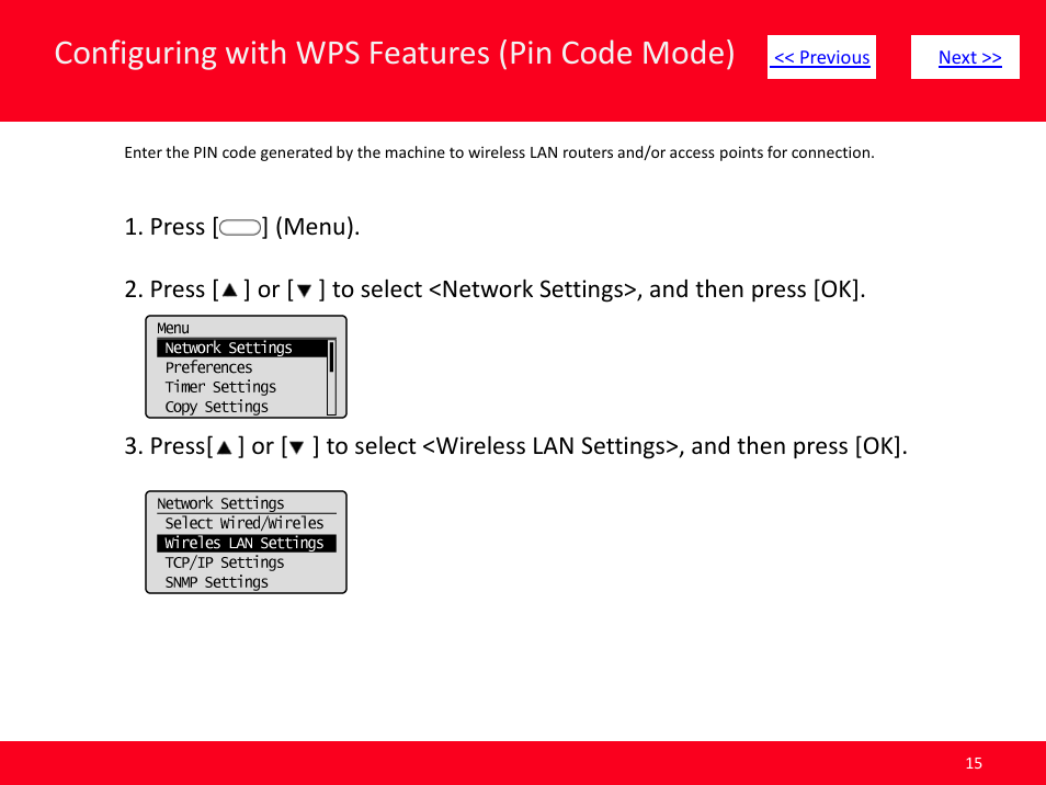 Slide number 15, Click here, Configuring with wps features (pin code mode) | Canon ImageCLASS MF4570dw User Manual | Page 15 / 61