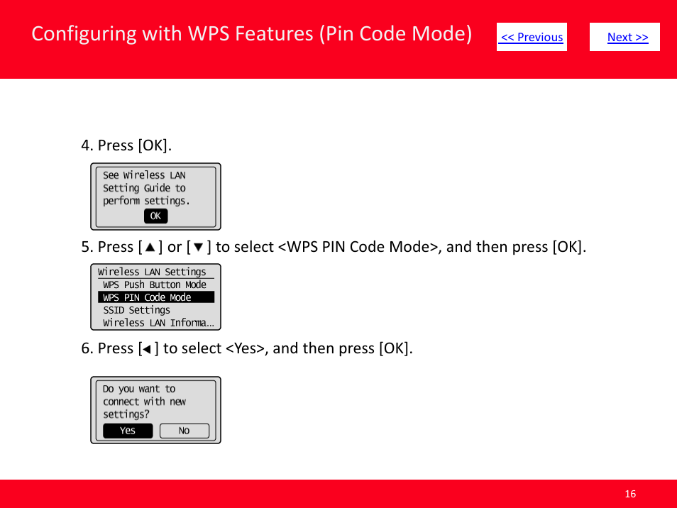 Slide number 16, Configuring with wps features (pin code mode) | Canon ImageCLASS MF4570dw User Manual | Page 16 / 61