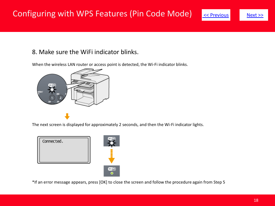 Slide number 18, Configuring with wps features (pin code mode), Make sure the wifi indicator blinks | Canon ImageCLASS MF4570dw User Manual | Page 18 / 61