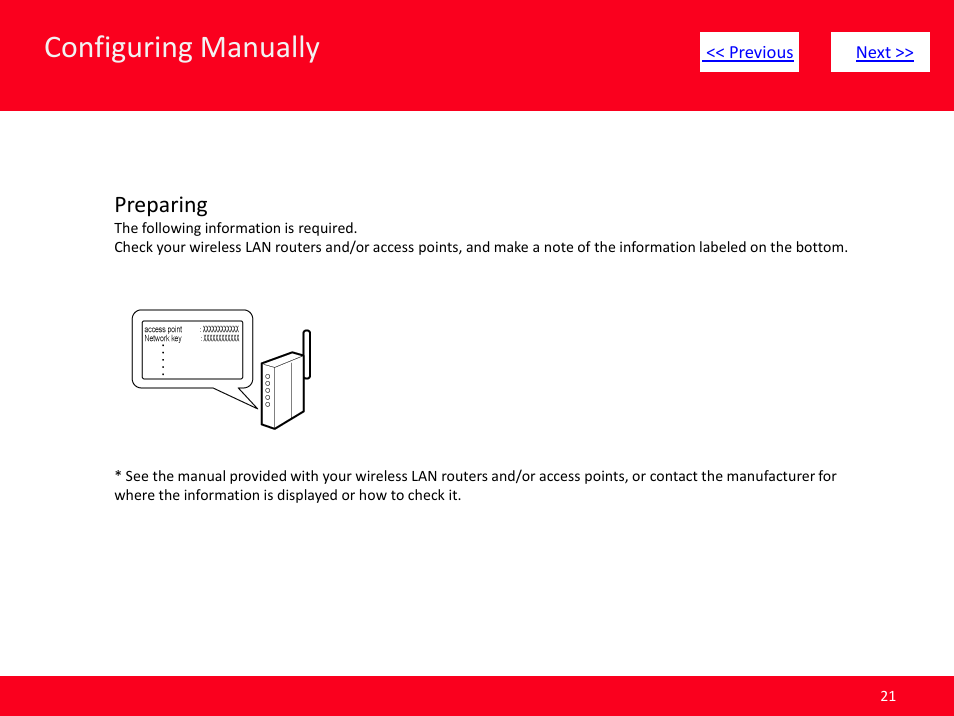 Slide number 21, Click here, Next | Configuring manually, Preparing | Canon ImageCLASS MF4570dw User Manual | Page 21 / 61