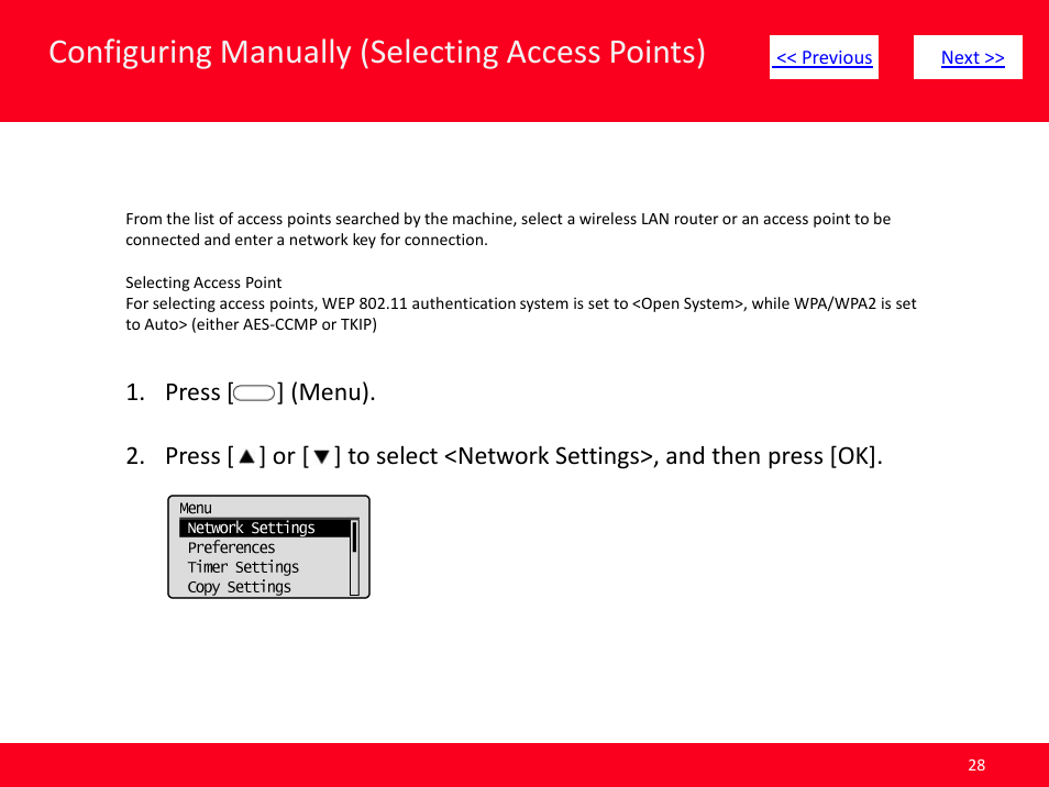 Slide number 28, Click here, Configuring manually (selecting access points) | Canon ImageCLASS MF4570dw User Manual | Page 28 / 61