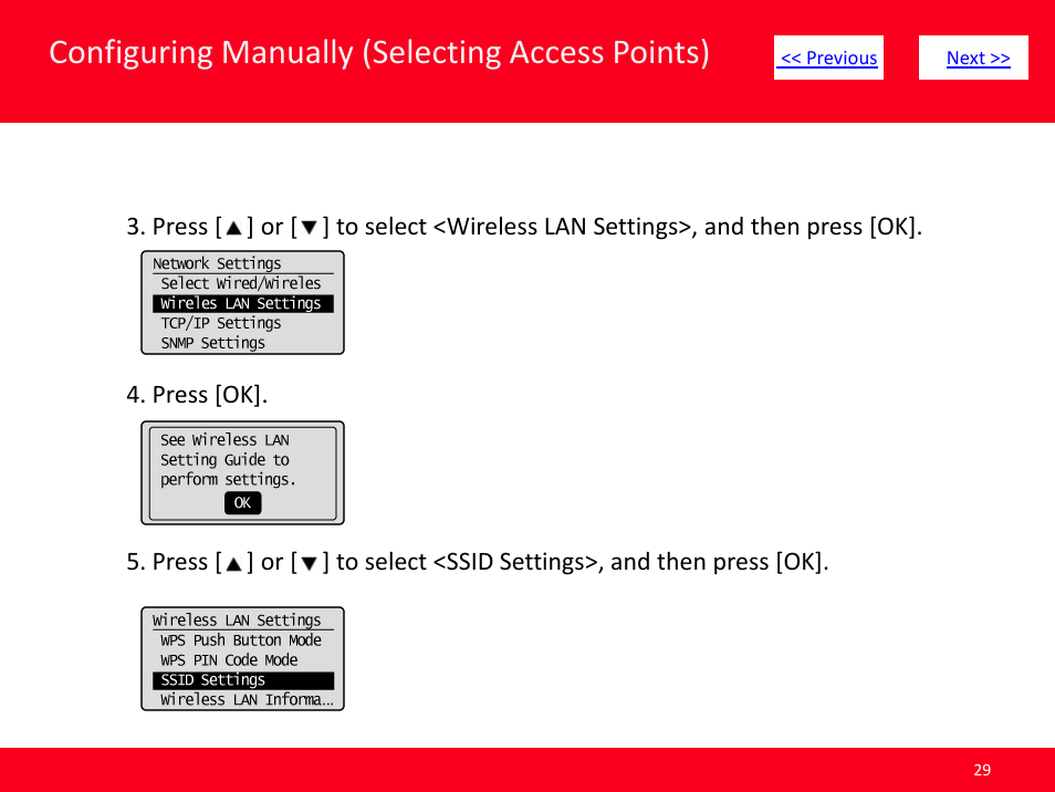 Slide number 29, Configuring manually (selecting access points) | Canon ImageCLASS MF4570dw User Manual | Page 29 / 61
