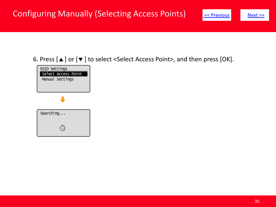 Slide number 30, Configuring manually (selecting access points) | Canon ImageCLASS MF4570dw User Manual | Page 30 / 61