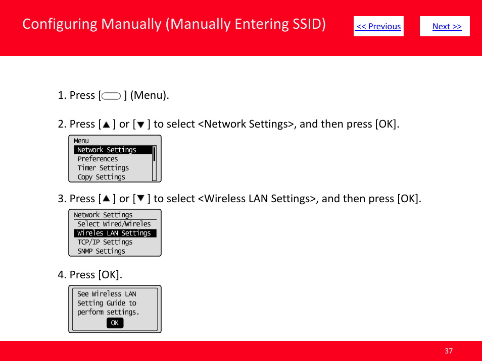 Slide number 37, Click here, Configuring manually (manually entering ssid) | Canon ImageCLASS MF4570dw User Manual | Page 37 / 61