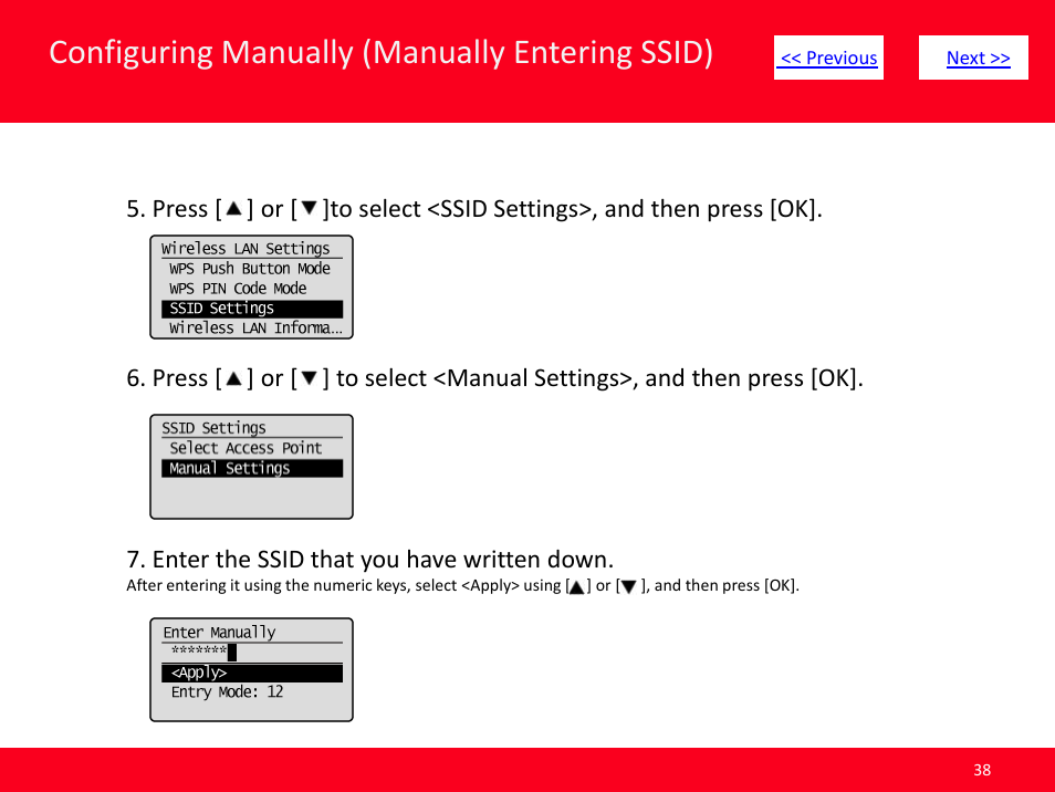 Slide number 38, Configuring manually (manually entering ssid) | Canon ImageCLASS MF4570dw User Manual | Page 38 / 61