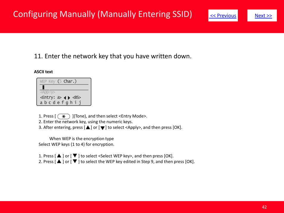 Slide number 42, Configuring manually (manually entering ssid), Enter the network key that you have written down | Canon ImageCLASS MF4570dw User Manual | Page 42 / 61