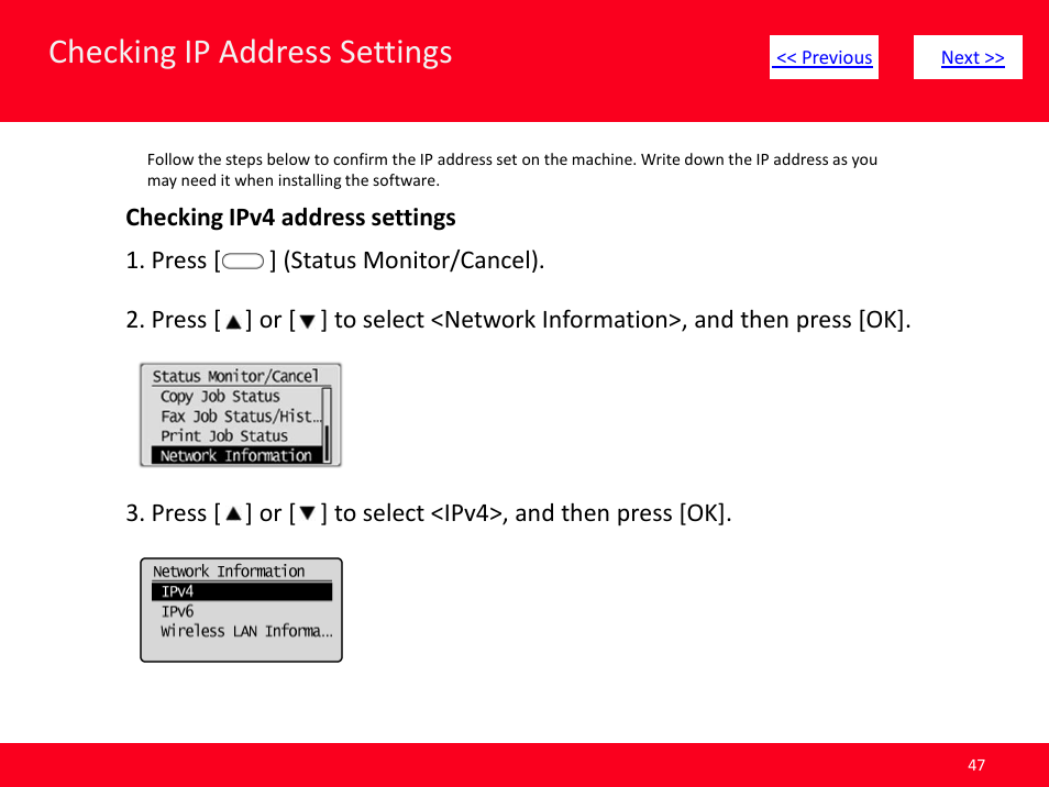 Slide number 47, Checking ip address settings | Canon ImageCLASS MF4570dw User Manual | Page 47 / 61