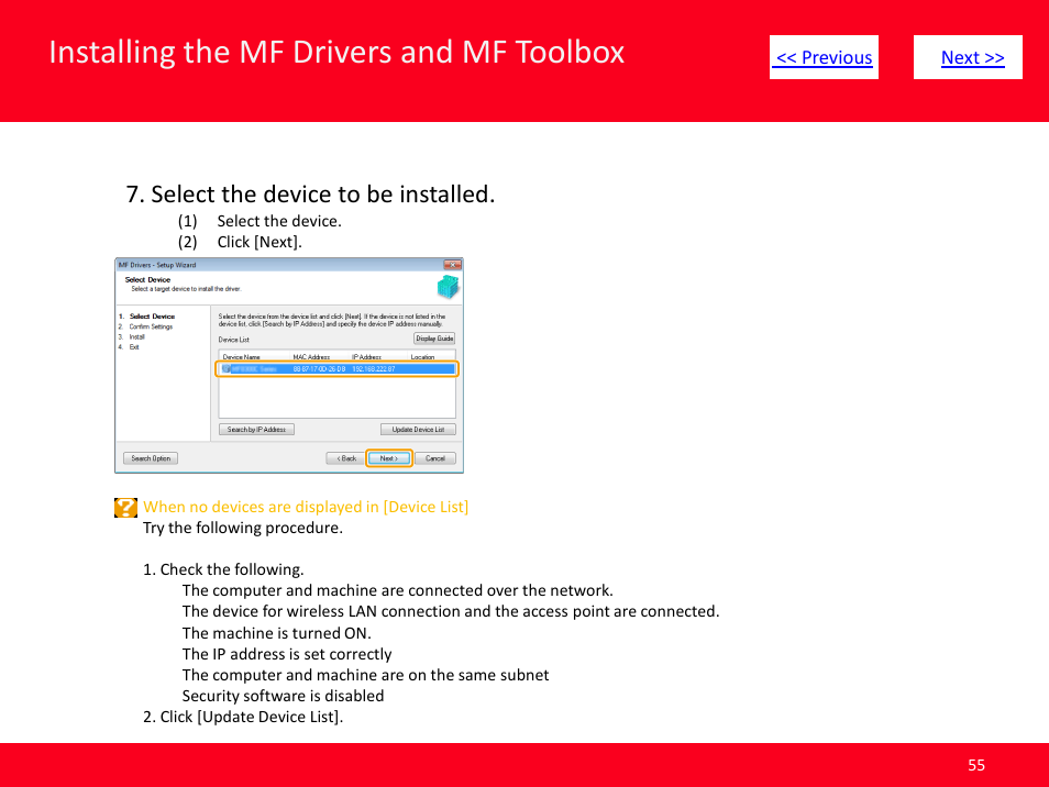 Slide number 55, Installing the mf drivers and mf toolbox, Select the device to be installed | Canon ImageCLASS MF4570dw User Manual | Page 55 / 61