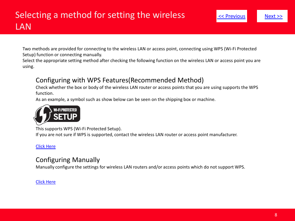 Slide number 8, Selecting a method for setting the wireless lan, Configuring with wps features(recommended method) | Configuring manually | Canon ImageCLASS MF4570dw User Manual | Page 8 / 61