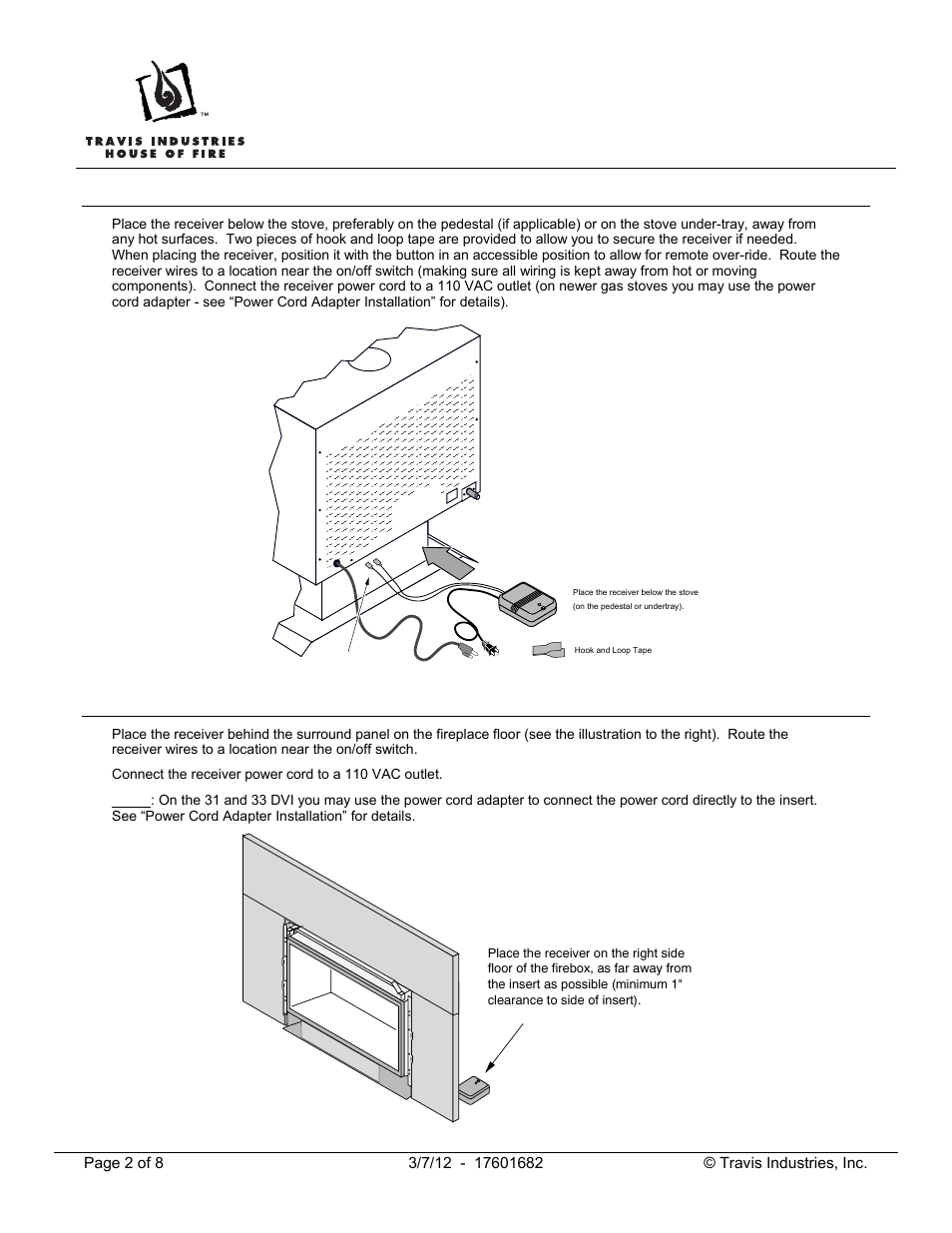 Gas or pellet stove receiver placement, Gas or pellet fireplace insert receiver placement | Avalon Firestyles Gas/Pellet Remote Thermostat User Manual | Page 2 / 8
