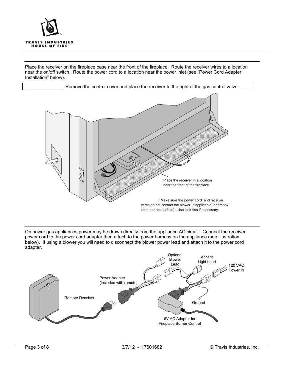 Gas fireplace receiver placement, Power cord adapter installation | Avalon Firestyles Gas/Pellet Remote Thermostat User Manual | Page 3 / 8