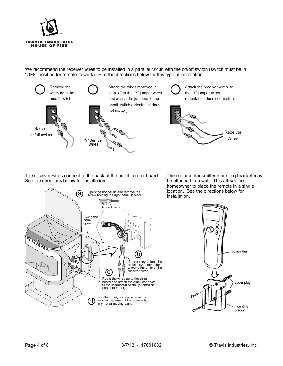 Ab c, Gas appliance receiver wire installation, Pellet receiver wire installation | Transmitter mounting bracket | Avalon Firestyles Gas/Pellet Remote Thermostat User Manual | Page 4 / 8