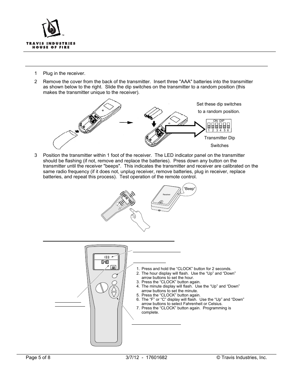 Remote receiver calibration, Setting the time and fahrenheit/celsius display | Avalon Firestyles Gas/Pellet Remote Thermostat User Manual | Page 5 / 8