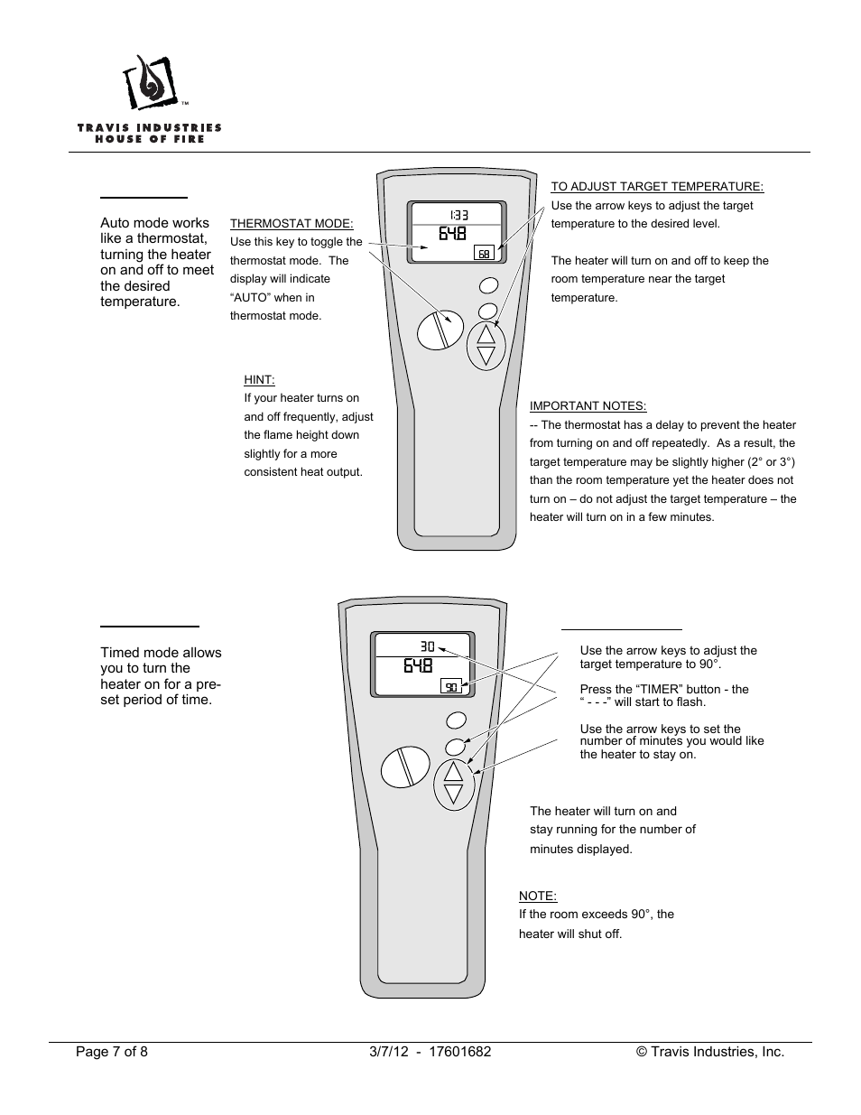 Auto mode, Timed mode | Avalon Firestyles Gas/Pellet Remote Thermostat User Manual | Page 7 / 8
