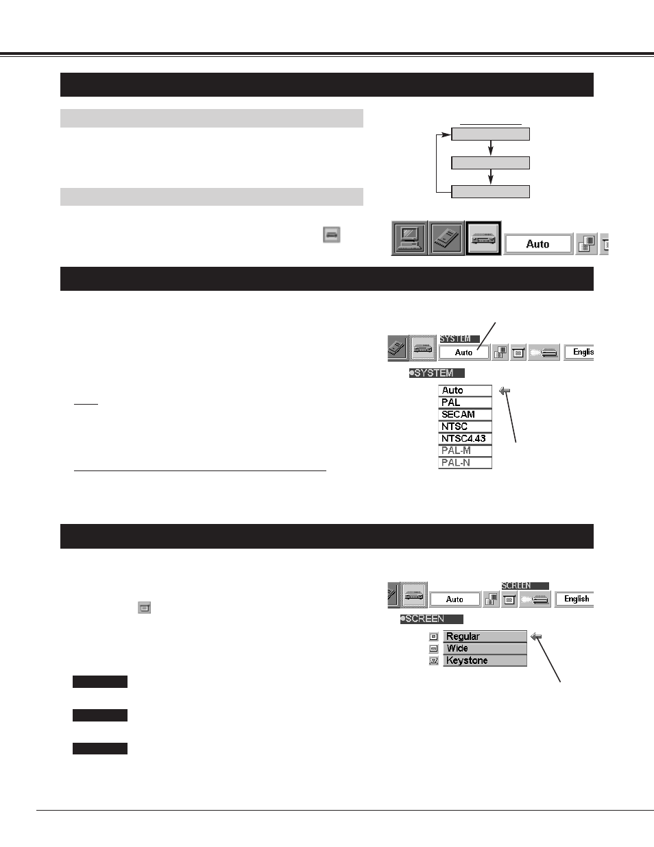 30 video mode, Selecting video mode, Selecting color system | Picture screen adjustment, Direct operation, Menu operation | Canon LV-7325U User Manual | Page 30 / 48