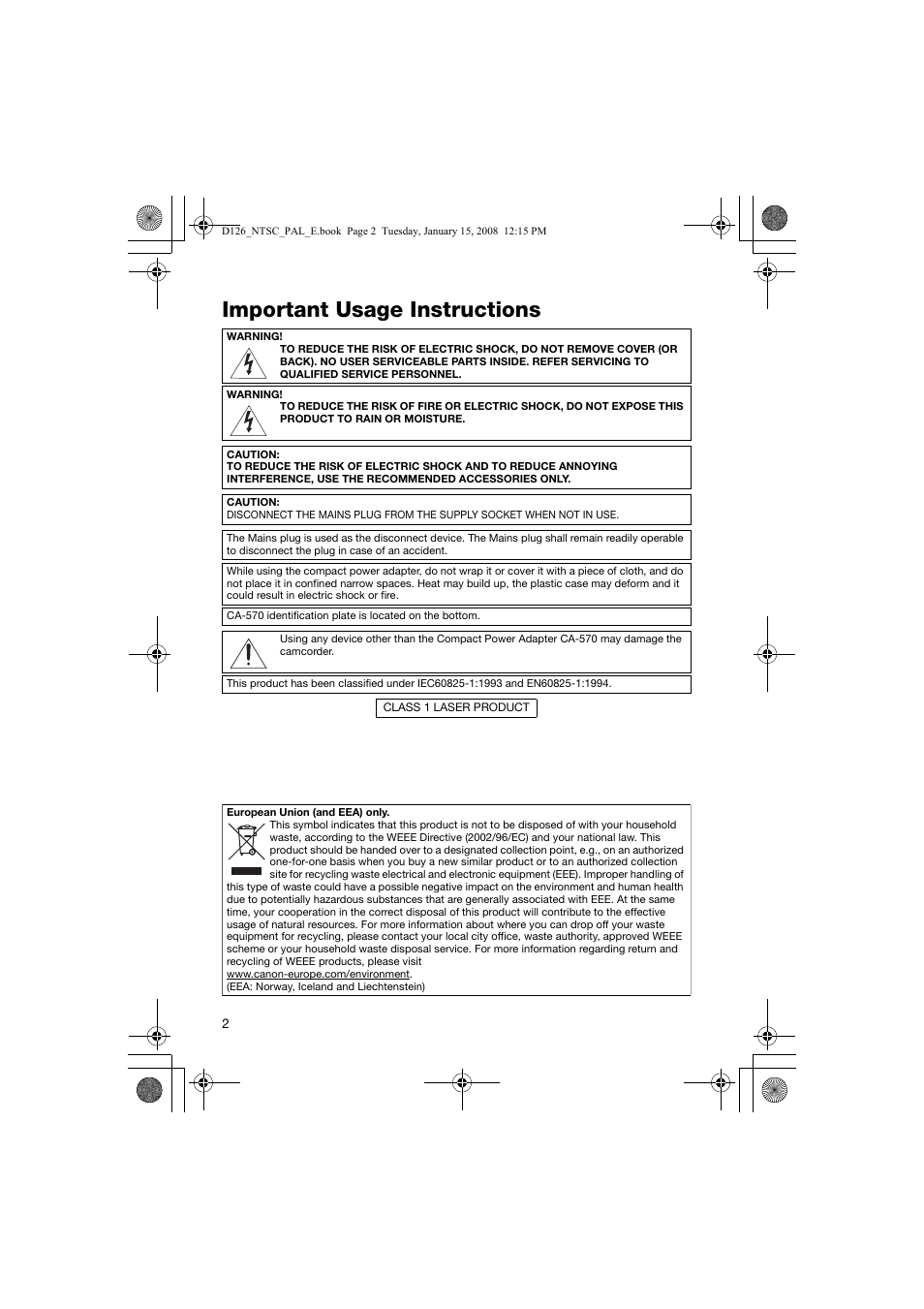 Important usage instructions | Canon DC301 User Manual | Page 2 / 87