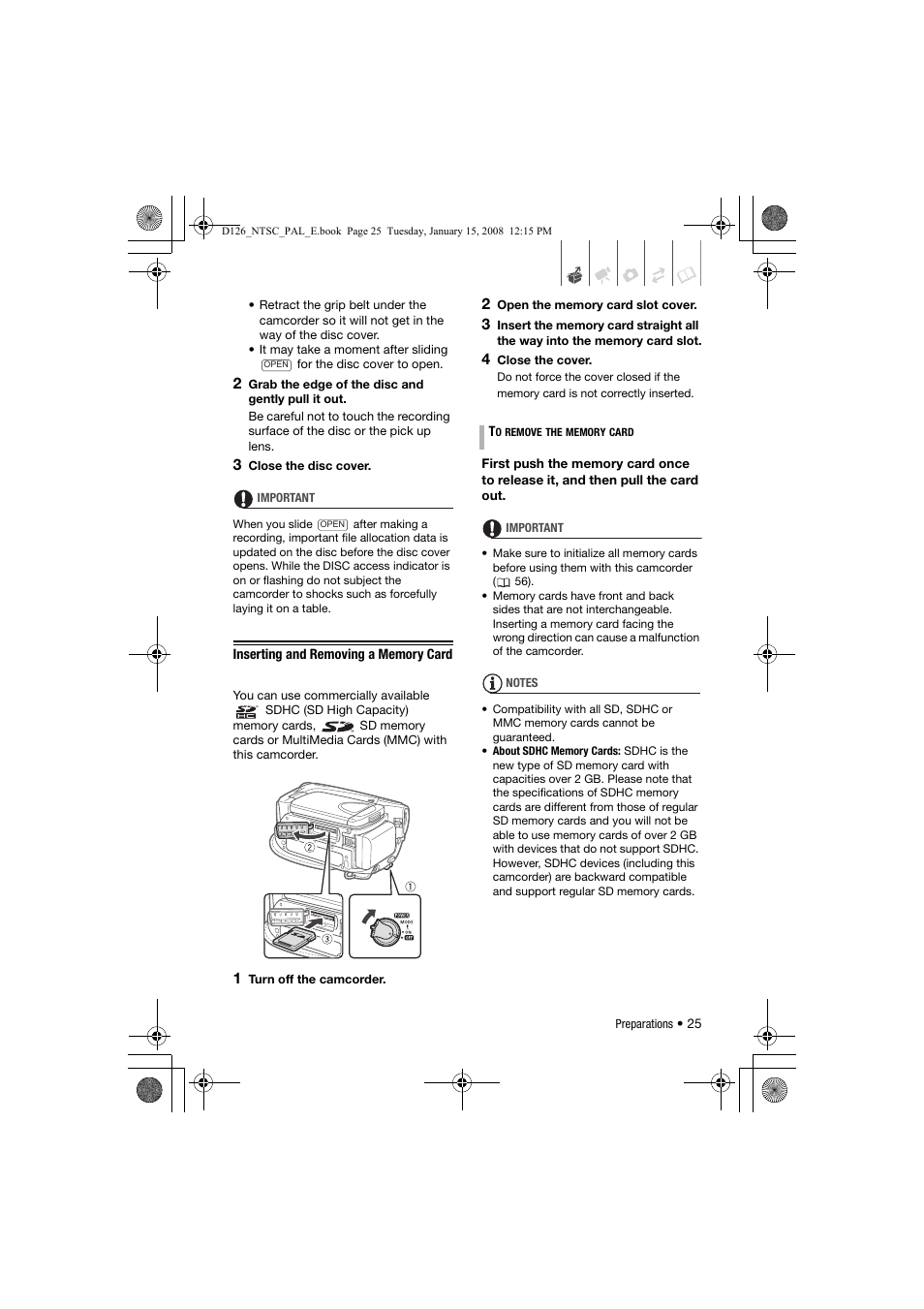 Inserting and removing a memory card | Canon DC301 User Manual | Page 25 / 87