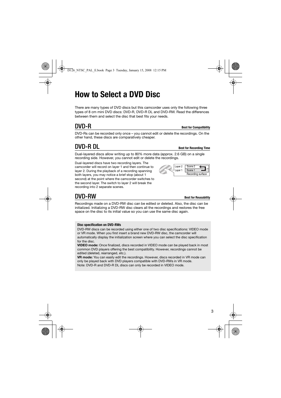 Introduction, How to select a dvd disc, Dvd-r | Dvd-r dl, Dvd-rw | Canon DC301 User Manual | Page 3 / 87