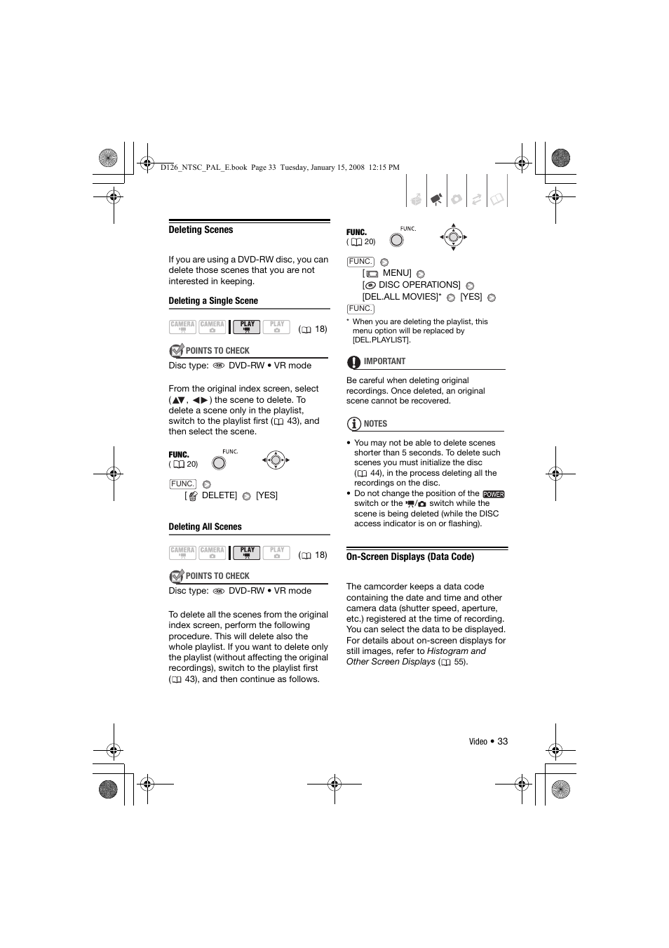 Deleting scenes, On-screen displays (data code) | Canon DC301 User Manual | Page 33 / 87