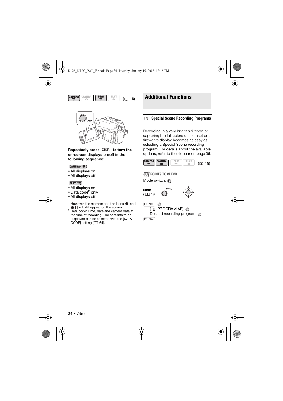 Additional functions, P: special scene recording programs | Canon DC301 User Manual | Page 34 / 87