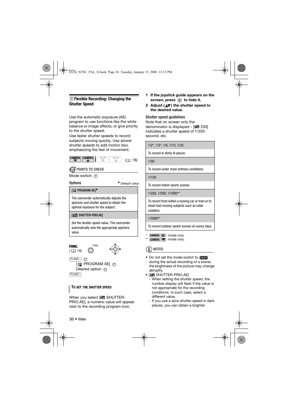 P flexible recording: changing the shutter speed | Canon DC301 User Manual | Page 36 / 87