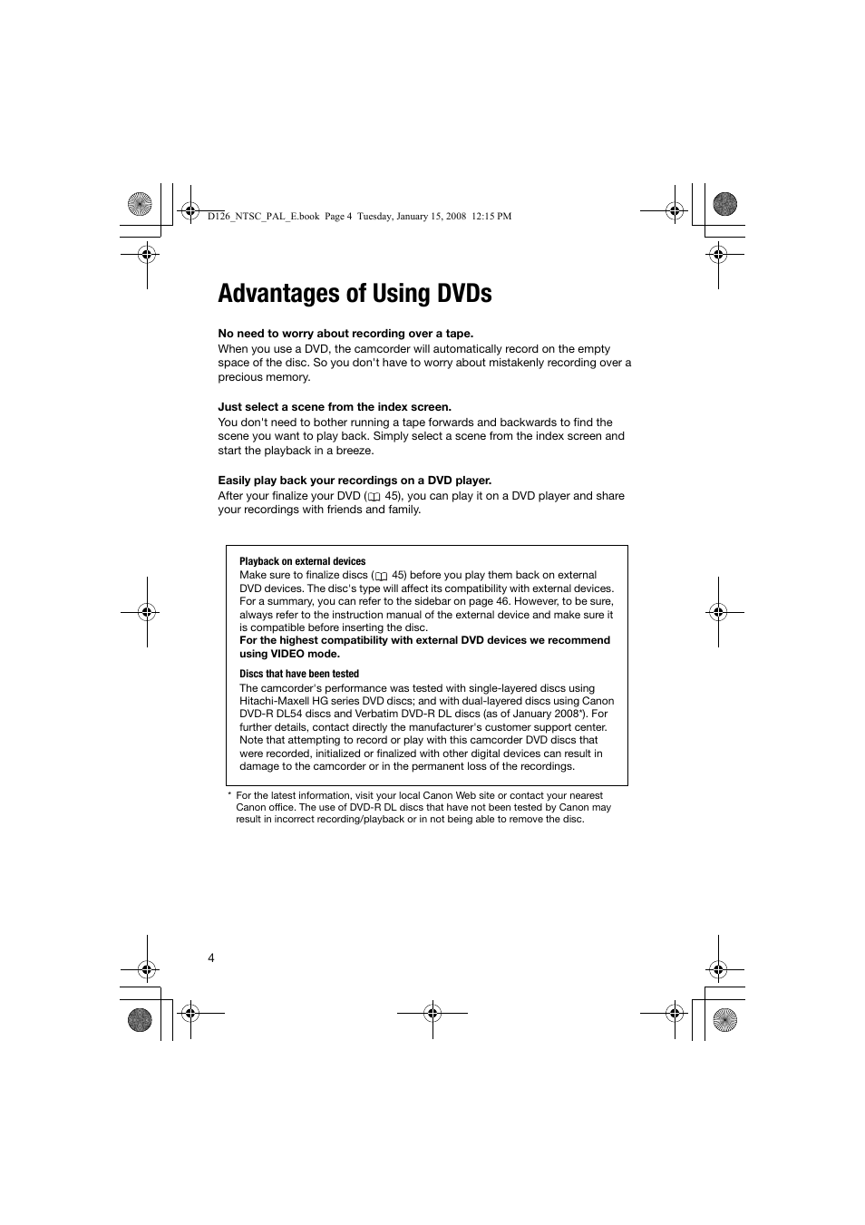 Advantages of using dvds | Canon DC301 User Manual | Page 4 / 87