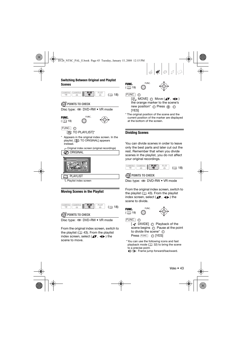 Moving scenes in the playlist, Dividing scenes | Canon DC301 User Manual | Page 43 / 87