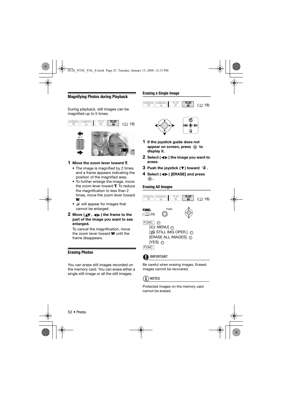 Magnifying photos during playback, Erasing photos | Canon DC301 User Manual | Page 52 / 87