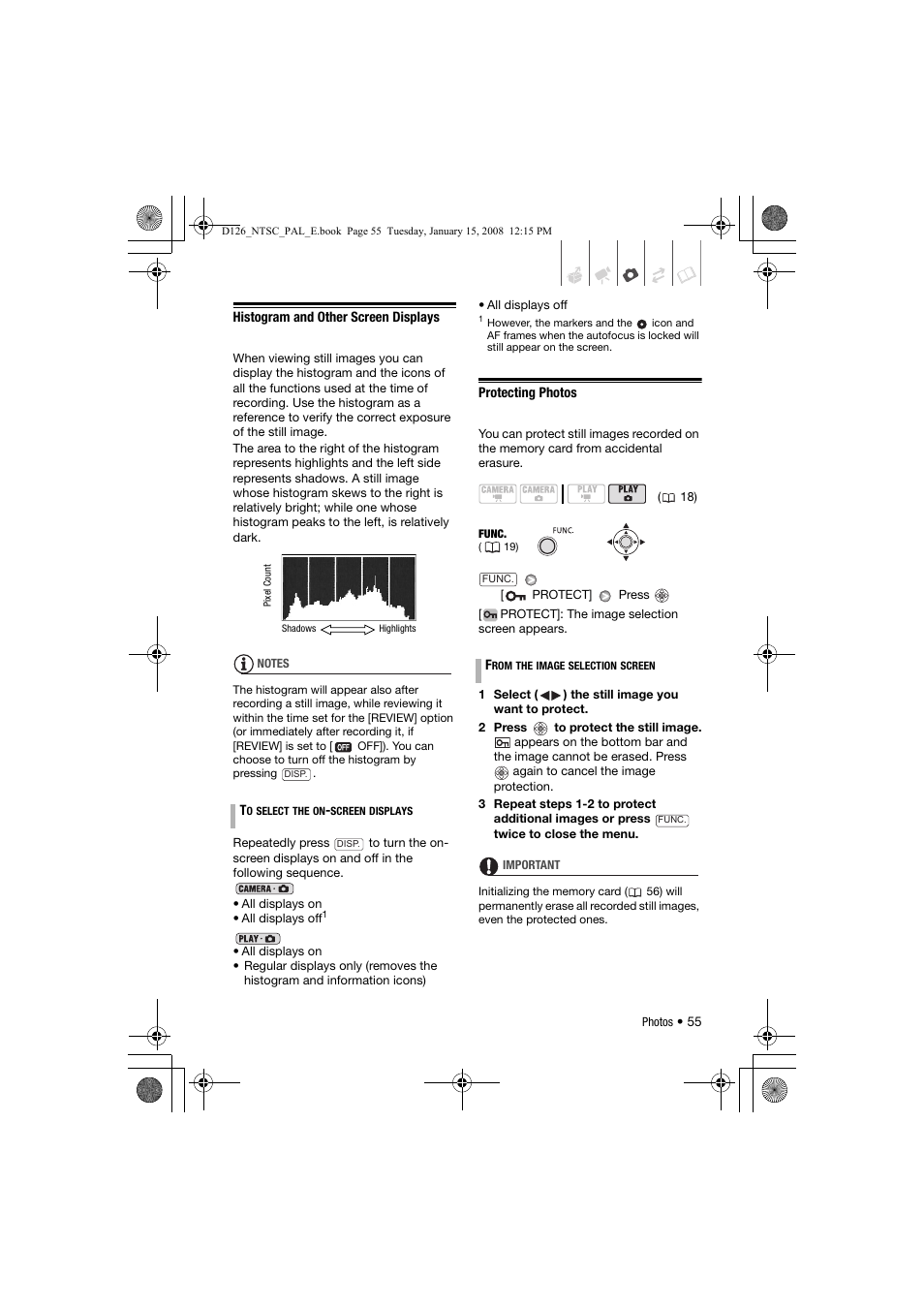 Histogram and other screen displays, Protecting photos | Canon DC301 User Manual | Page 55 / 87