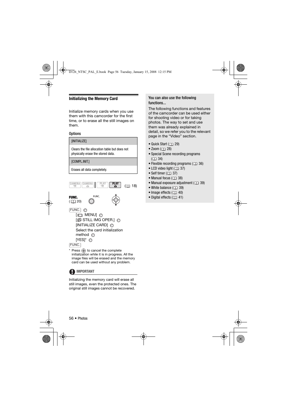 Initializing the memory card | Canon DC301 User Manual | Page 56 / 87