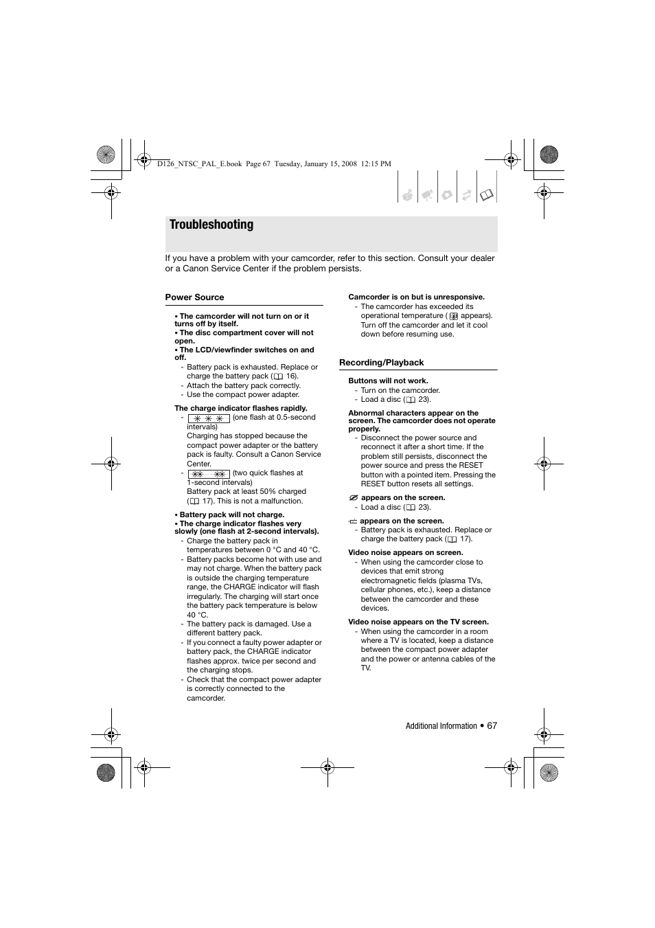 Trouble, Troubleshooting | Canon DC301 User Manual | Page 67 / 87