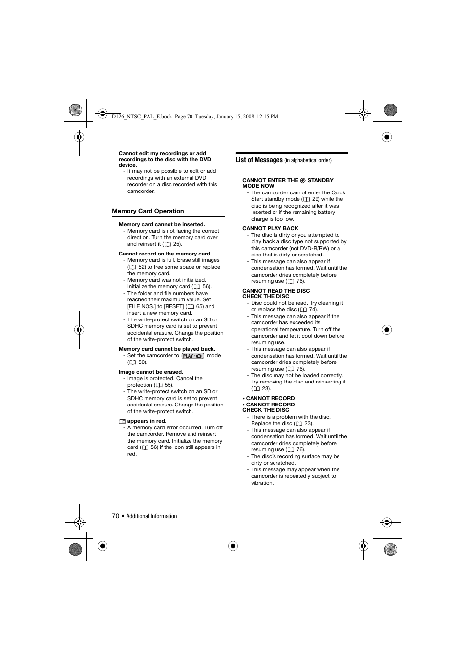 List of messages | Canon DC301 User Manual | Page 70 / 87