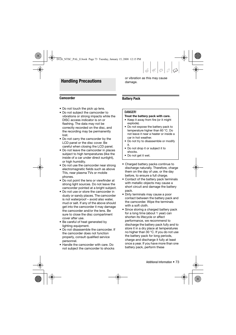 Do's and dont's, Handling precautions | Canon DC301 User Manual | Page 73 / 87